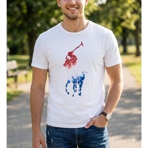 Polo Ralph Lauren Big Pony American Flag Watercolor Graphic T-Shirt White MED